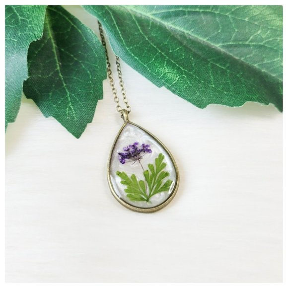 Floral Teardrop Necklace Purple and Green Pressed Dried Flower Teardrop Pendant - Picture 9 of 10